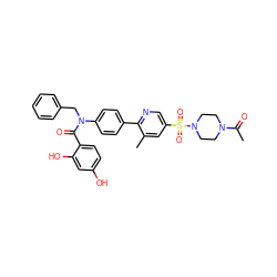 CC(=O)N1CCN(S(=O)(=O)c2cnc(-c3ccc(N(Cc4ccccc4)C(=O)c4ccc(O)cc4O)cc3)c(C)c2)CC1 ZINC000653758375