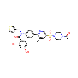 CC(=O)N1CCN(S(=O)(=O)c2cnc(-c3ccc(N(Cc4ccsc4)C(=O)c4ccc(O)cc4O)cc3)c(C)c2)CC1 ZINC000653671237