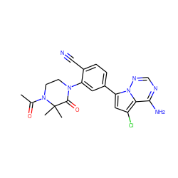 CC(=O)N1CCN(c2cc(-c3cc(Cl)c4c(N)ncnn34)ccc2C#N)C(=O)C1(C)C ZINC001772630858