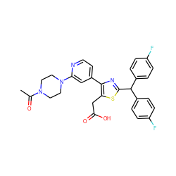 CC(=O)N1CCN(c2cc(-c3nc(C(c4ccc(F)cc4)c4ccc(F)cc4)sc3CC(=O)O)ccn2)CC1 ZINC000049768074