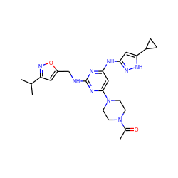 CC(=O)N1CCN(c2cc(Nc3cc(C4CC4)[nH]n3)nc(NCc3cc(C(C)C)no3)n2)CC1 ZINC000117125788