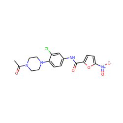 CC(=O)N1CCN(c2ccc(NC(=O)c3ccc([N+](=O)[O-])o3)cc2Cl)CC1 ZINC000004412779