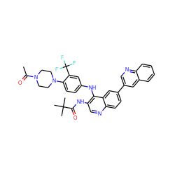 CC(=O)N1CCN(c2ccc(Nc3c(NC(=O)C(C)(C)C)cnc4ccc(-c5cnc6ccccc6c5)cc34)cc2C(F)(F)F)CC1 ZINC000653744951