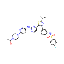 CC(=O)N1CCN(c2ccc(Nc3nccc(-c4sc(C(C)C)nc4-c4cccc(NS(=O)(=O)c5ccc(F)cc5)c4)n3)cn2)CC1 ZINC000072176147