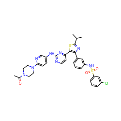 CC(=O)N1CCN(c2ccc(Nc3nccc(-c4sc(C(C)C)nc4-c4cccc(NS(=O)(=O)c5cccc(Cl)c5)c4)n3)cn2)CC1 ZINC000072176148