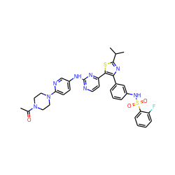CC(=O)N1CCN(c2ccc(Nc3nccc(-c4sc(C(C)C)nc4-c4cccc(NS(=O)(=O)c5ccccc5F)c4)n3)cn2)CC1 ZINC000072177102