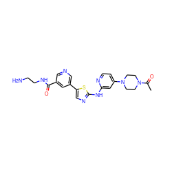 CC(=O)N1CCN(c2ccnc(Nc3ncc(-c4cncc(C(=O)NCCN)c4)s3)c2)CC1 ZINC000034839427