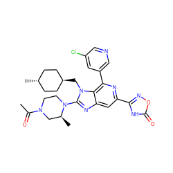 CC(=O)N1CCN(c2nc3cc(-c4noc(=O)[nH]4)nc(-c4cncc(Cl)c4)c3n2C[C@H]2CC[C@H](C)CC2)[C@@H](C)C1 ZINC001772588464