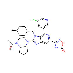 CC(=O)N1CCN(c2nc3cc(-c4noc(=O)[nH]4)nc(-c4cncc(Cl)c4)c3n2C[C@H]2CC[C@H](C)CC2)[C@@H]2CCC[C@H]21 ZINC000261183399