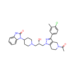 CC(=O)N1CCc2c(c(-c3ccc(Cl)c(C)c3)nn2C[C@@H](O)CN2CCC(n3c(=O)[nH]c4ccccc43)CC2)C1 ZINC000028121282