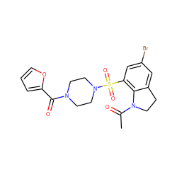 CC(=O)N1CCc2cc(Br)cc(S(=O)(=O)N3CCN(C(=O)c4ccco4)CC3)c21 ZINC000002494243