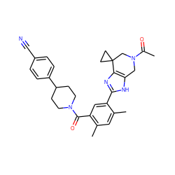 CC(=O)N1Cc2[nH]c(-c3cc(C(=O)N4CCC(c5ccc(C#N)cc5)CC4)c(C)cc3C)nc2C2(CC2)C1 ZINC000150229778