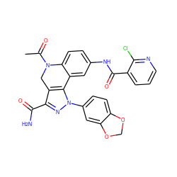 CC(=O)N1Cc2c(C(N)=O)nn(-c3ccc4c(c3)OCO4)c2-c2cc(NC(=O)c3cccnc3Cl)ccc21 ZINC000138291576