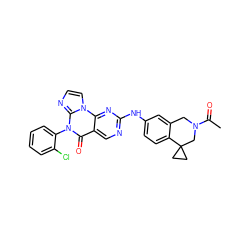 CC(=O)N1Cc2cc(Nc3ncc4c(=O)n(-c5ccccc5Cl)c5nccn5c4n3)ccc2C2(CC2)C1 ZINC000143349688