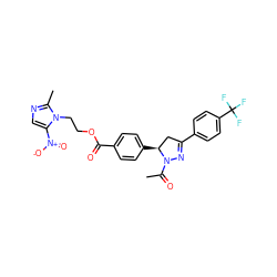 CC(=O)N1N=C(c2ccc(C(F)(F)F)cc2)C[C@@H]1c1ccc(C(=O)OCCn2c([N+](=O)[O-])cnc2C)cc1 ZINC000653788950