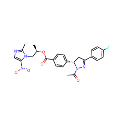 CC(=O)N1N=C(c2ccc(F)cc2)C[C@H]1c1ccc(C(=O)O[C@H](C)Cn2c([N+](=O)[O-])cnc2C)cc1 ZINC000653798207