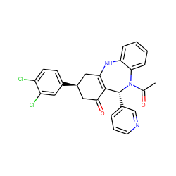 CC(=O)N1c2ccccc2NC2=C(C(=O)C[C@@H](c3ccc(Cl)c(Cl)c3)C2)[C@H]1c1cccnc1 ZINC000000718090