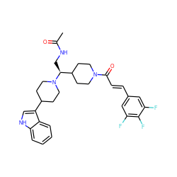 CC(=O)NC[C@@H](C1CCN(C(=O)/C=C/c2cc(F)c(F)c(F)c2)CC1)N1CCC(c2c[nH]c3ccccc23)CC1 ZINC000029045918