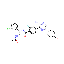 CC(=O)NC[C@@H](NC(=O)c1ccc(-c2nc([C@H]3CC[C@H](O)CC3)cnc2N)cc1F)c1cccc(Cl)c1 ZINC001772601274