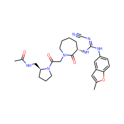 CC(=O)NC[C@@H]1CCCN1C(=O)CN1CCCC[C@H](N/C(=N\C#N)Nc2ccc3oc(C)cc3c2)C1=O ZINC000043010157