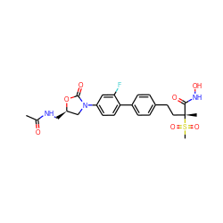 CC(=O)NC[C@@H]1CN(c2ccc(-c3ccc(CC[C@](C)(C(=O)NO)S(C)(=O)=O)cc3)c(F)c2)C(=O)O1 ZINC000112936379