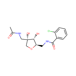 CC(=O)NC[C@]1(O)CO[C@H](CNC(=O)c2ccccc2Cl)[C@H]1O ZINC001772637253