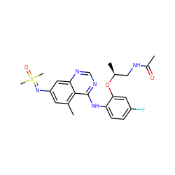 CC(=O)NC[C@H](C)Oc1cc(F)ccc1Nc1ncnc2cc(N=S(C)(C)=O)cc(C)c12 ZINC001772621201