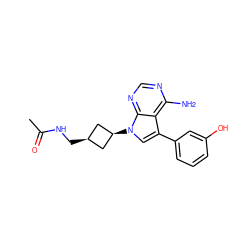 CC(=O)NC[C@H]1C[C@@H](n2cc(-c3cccc(O)c3)c3c(N)ncnc32)C1 ZINC001772593915