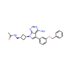 CC(=O)NC[C@H]1C[C@@H](n2cc(-c3cccc(OCc4ccccc4)c3)c3c(N)ncnc32)C1 ZINC000117702782