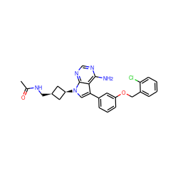 CC(=O)NC[C@H]1C[C@@H](n2cc(-c3cccc(OCc4ccccc4Cl)c3)c3c(N)ncnc32)C1 ZINC001772637861