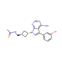 CC(=O)NC[C@H]1C[C@H](n2cc(-c3cccc(O)c3)c3c(N)ncnc32)C1 ZINC001772589774