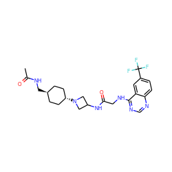 CC(=O)NC[C@H]1CC[C@H](N2CC(NC(=O)CNc3ncnc4ccc(C(F)(F)F)cc34)C2)CC1 ZINC000149174084