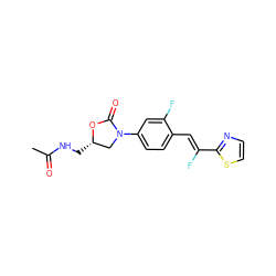 CC(=O)NC[C@H]1CN(c2ccc(/C=C(\F)c3nccs3)c(F)c2)C(=O)O1 ZINC000013648807