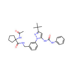 CC(=O)NC1(C(=O)NCc2cccc(-n3nc(C(C)(C)C)cc3NC(=O)Nc3ccccc3)c2)CCCC1 ZINC000058576116