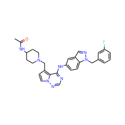 CC(=O)NC1CCN(Cc2ccn3ncnc(Nc4ccc5c(cnn5Cc5cccc(F)c5)c4)c23)CC1 ZINC000028903111