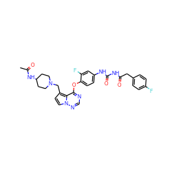 CC(=O)NC1CCN(Cc2ccn3ncnc(Oc4ccc(NC(=O)NC(=O)Cc5ccc(F)cc5)cc4F)c23)CC1 ZINC000029040633