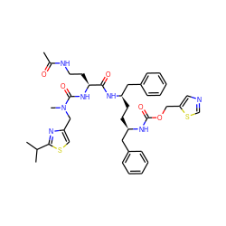 CC(=O)NCC[C@H](NC(=O)N(C)Cc1csc(C(C)C)n1)C(=O)N[C@H](CC[C@H](Cc1ccccc1)NC(=O)OCc1cncs1)Cc1ccccc1 ZINC000150604147