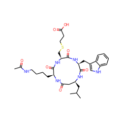 CC(=O)NCCCC[C@@H]1NC(=O)C[C@H](CC(C)C)NC(=O)[C@H](Cc2c[nH]c3ccccc23)NC(=O)[C@H](CSCCC(=O)O)NC1=O ZINC000049678333