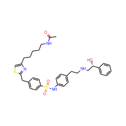 CC(=O)NCCCCCc1csc(Cc2ccc(S(=O)(=O)Nc3ccc(CCNC[C@H](O)c4ccccc4)cc3)cc2)n1 ZINC000028523429