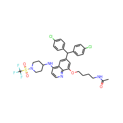 CC(=O)NCCCCOc1cc(C(c2ccc(Cl)cc2)c2ccc(Cl)cc2)cc2c(NC3CCN(S(=O)(=O)C(F)(F)F)CC3)ccnc12 ZINC001772649998