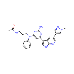 CC(=O)NCCCN(c1ccccc1)c1cc(-c2c[nH]c3ncc(-c4cnn(C)c4)cc23)nc(N)n1 ZINC000145394039