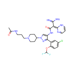 CC(=O)NCCCN1CCC(n2cc(NC(=O)/C(C(=N)N)=C3\N=CC=CN3)c(-c3cc(Cl)ccc3OC(F)F)n2)CC1 ZINC001772640111