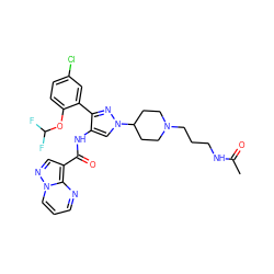 CC(=O)NCCCN1CCC(n2cc(NC(=O)c3cnn4cccnc34)c(-c3cc(Cl)ccc3OC(F)F)n2)CC1 ZINC001772573209