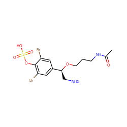 CC(=O)NCCCO[C@@H](CN)c1cc(Br)c(OS(=O)(=O)O)c(Br)c1 ZINC000084596891