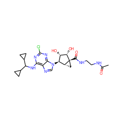 CC(=O)NCCNC(=O)[C@@]12C[C@@H]1[C@@H](n1cnc3c(NC(C4CC4)C4CC4)nc(Cl)nc31)[C@H](O)[C@@H]2O ZINC001772618242