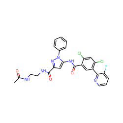 CC(=O)NCCNC(=O)c1cc(NC(=O)c2cc(-c3ncccc3F)c(Cl)cc2Cl)n(-c2ccccc2)n1 ZINC001772653203