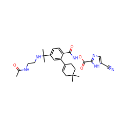 CC(=O)NCCNC(C)(C)c1ccc(C(=O)NOC(=O)c2ncc(C#N)[nH]2)c(C2=CCC(C)(C)CC2)c1 ZINC001772603352