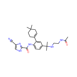 CC(=O)NCCNC(C)(C)c1ccc(NC(=O)c2nc(C#N)c[nH]2)c(C2=CCC(C)(C)CC2)c1 ZINC000103281332