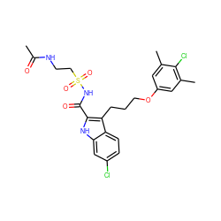 CC(=O)NCCS(=O)(=O)NC(=O)c1[nH]c2cc(Cl)ccc2c1CCCOc1cc(C)c(Cl)c(C)c1 ZINC000222517538