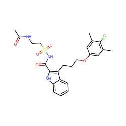 CC(=O)NCCS(=O)(=O)NC(=O)c1[nH]c2ccccc2c1CCCOc1cc(C)c(Cl)c(C)c1 ZINC000222152185